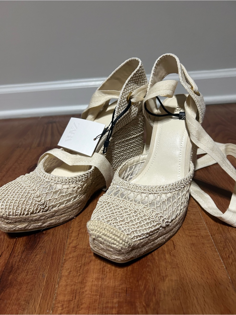 Zara Cream Woven Espadrille Wedge Lace-Up Sandals
